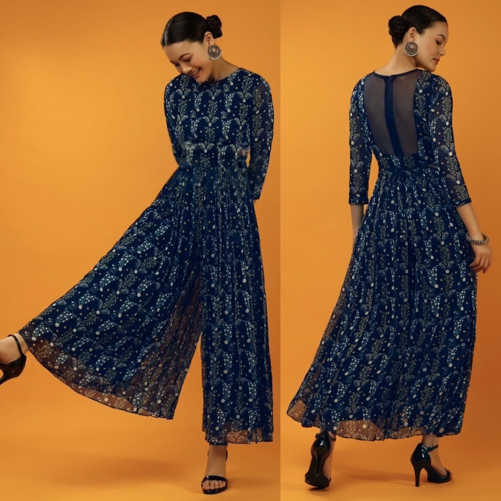 Kalki Navy Floral Sequin Embellished Wide Leg Indian Jumpsuit Handcrafted XS